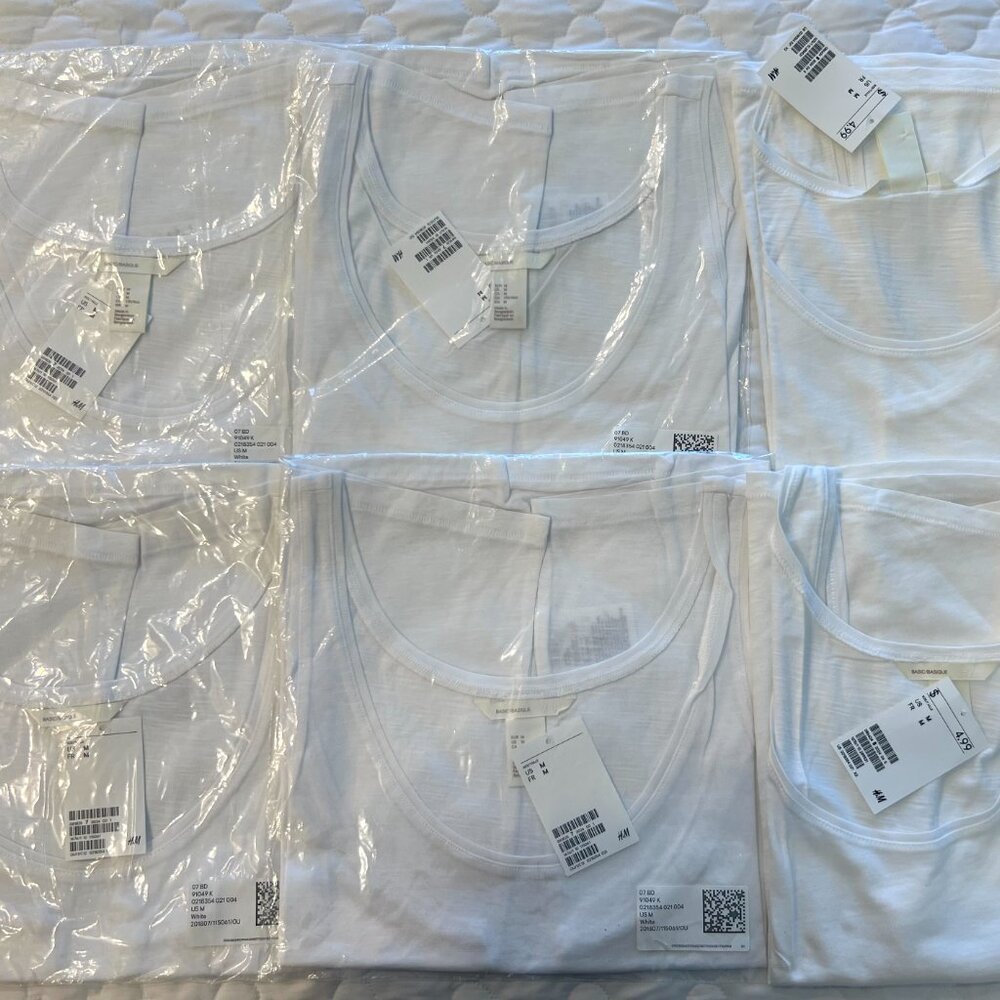 Lot Of Six (6)  H & M Classic White Tank Tops,  White Tee Shirt Top  (M)